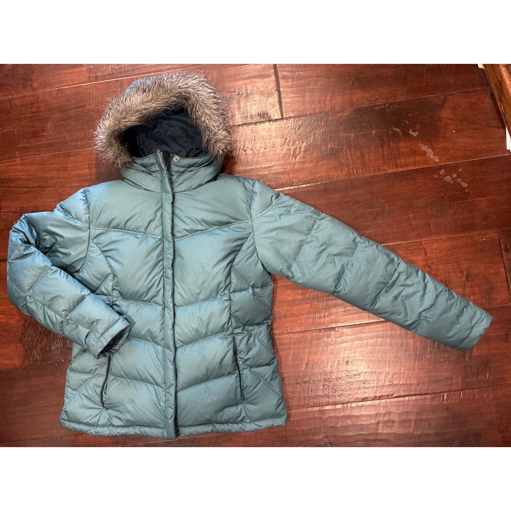 Columbia Puffer Jacket Omni-shield Womens L WL5062 Teal Down Faux Fur Hood